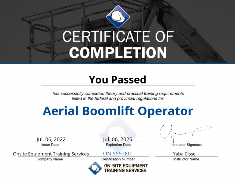 Sample aerial boom lift operator certificate of completion from Onsite Equipment Training Services