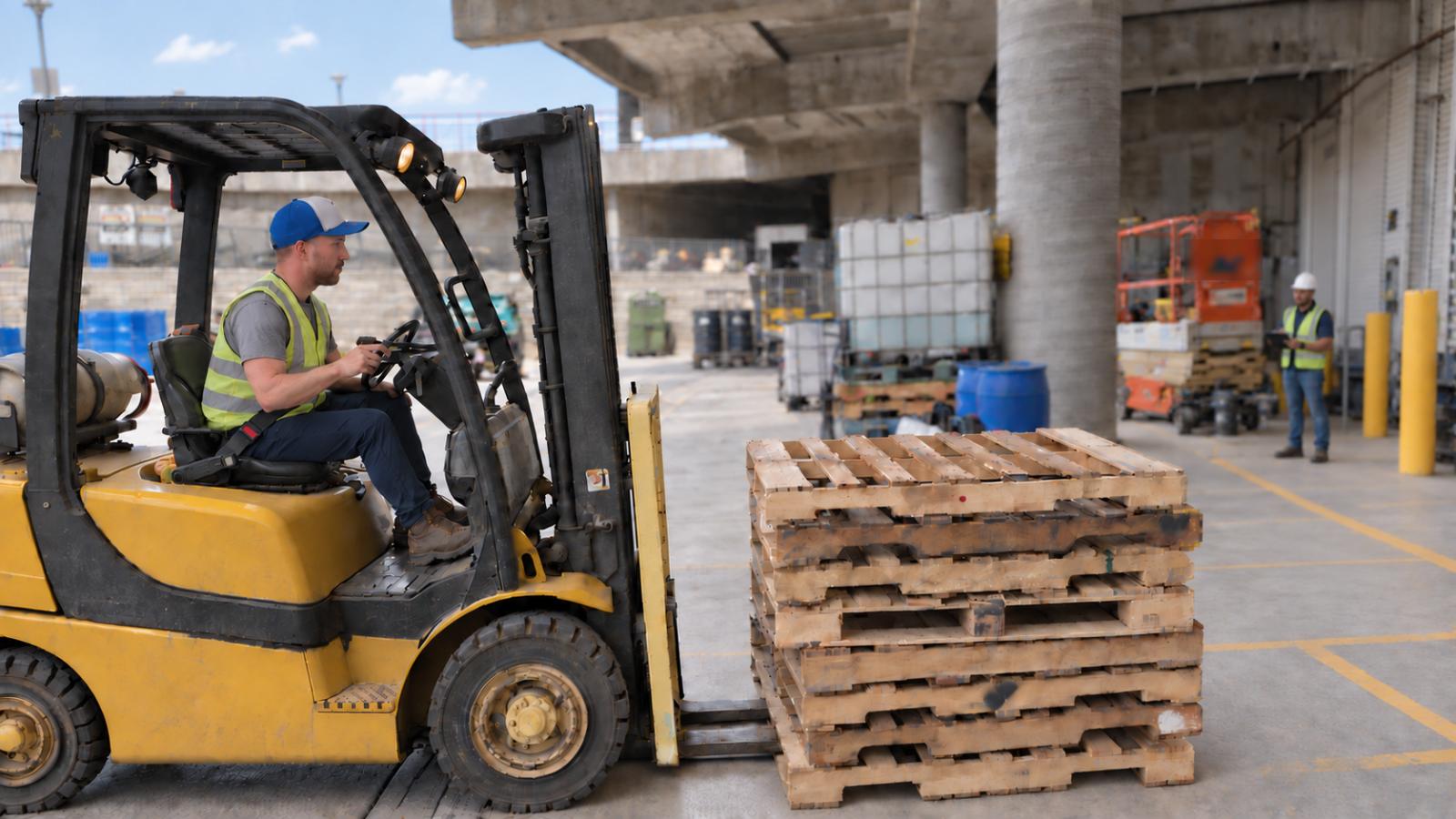 Forklift operator wearing a hi-vis vest and seatbelt during on-site forklift training in Winnipeg