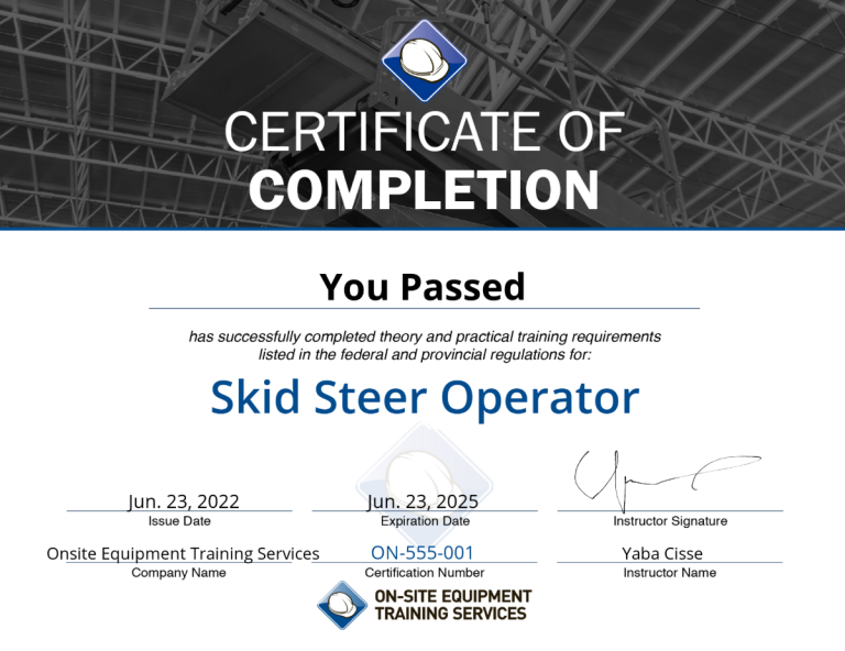 Sample skid steer operator certificate of completion from Onsite Equipment Training Services